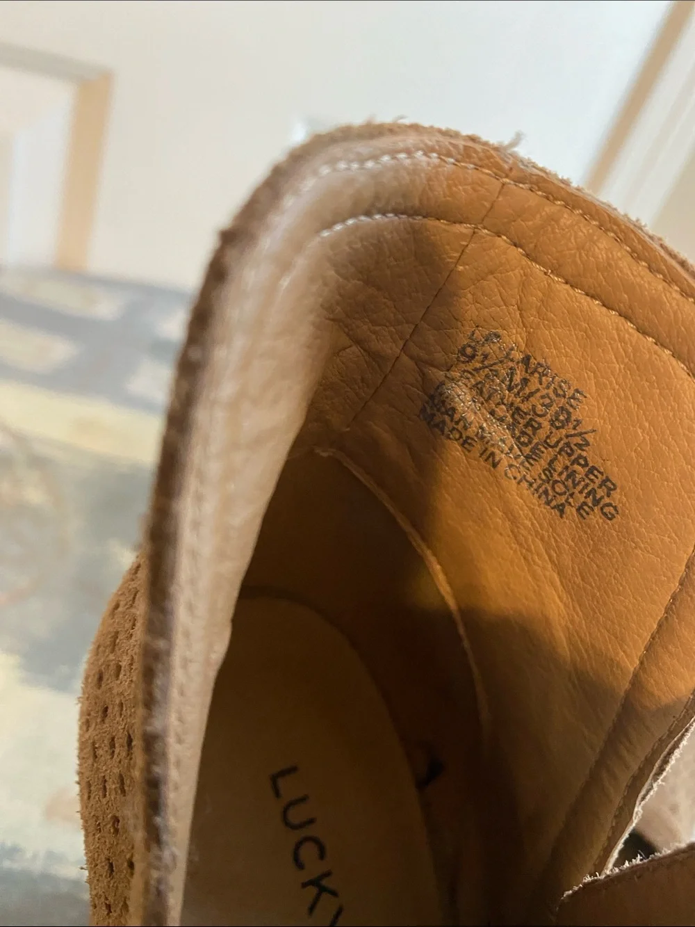 Lucky Brand Tan Perforated Leather Open-Toe Block Heel Booties Size 9.5 Heels 4”